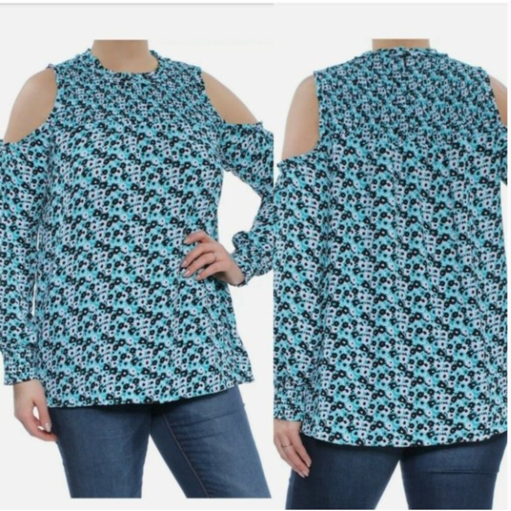 Michael Kors Blue Floral Cold Shoulder Boho Chic Top Crew neck Womens M